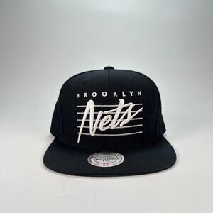 Mitchell & Ness Brooklyn Black White Nets NBA Line Work Team Script Snapback Hat